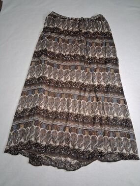 Brown Boho Patterned A-Line Maxi Skirt with Elastic Waist